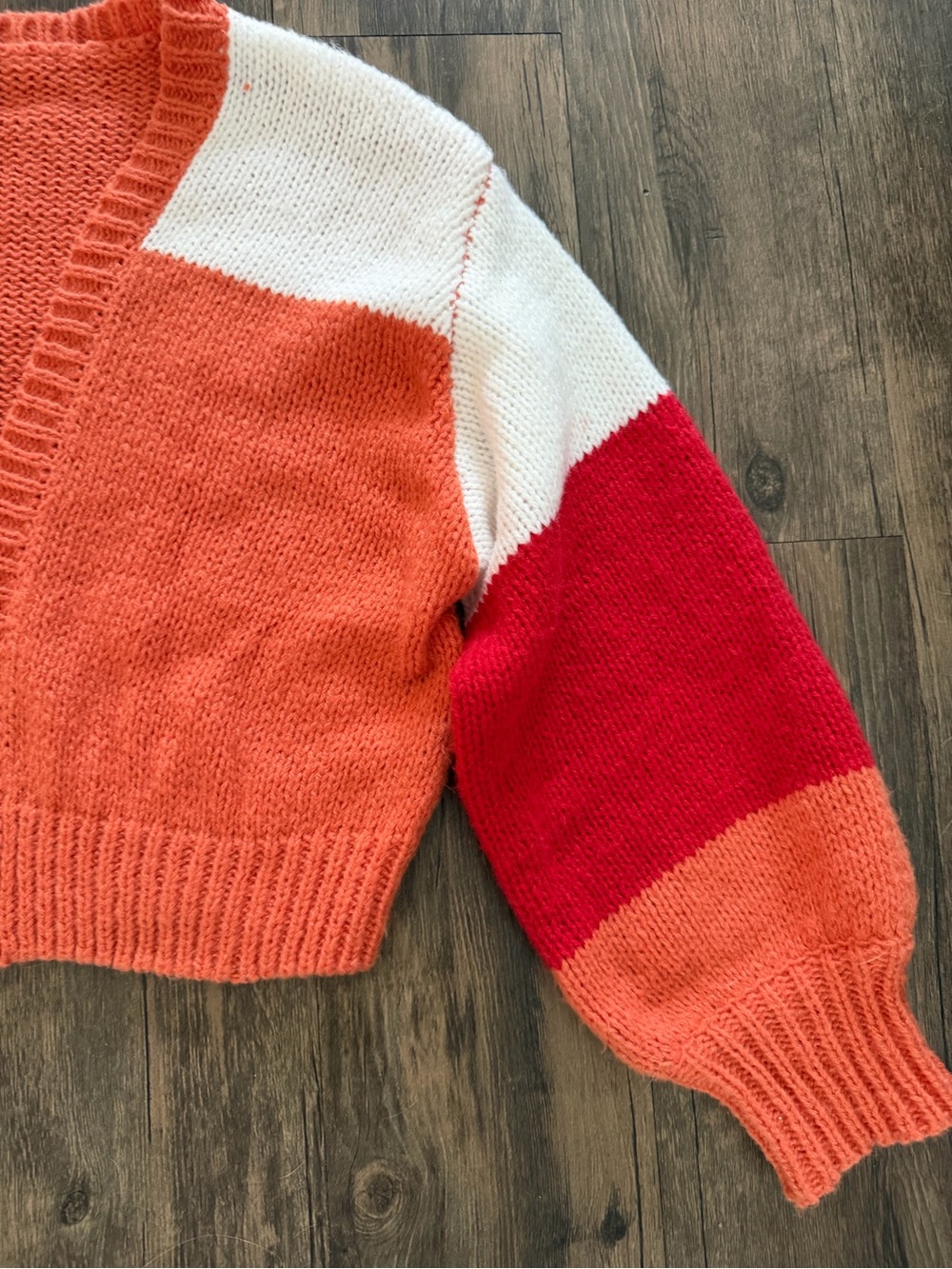 Colorblock Cropped Knit Open Cardigan V Neck Red, Orange White Casual Boho XS - Picture 7 of 11
